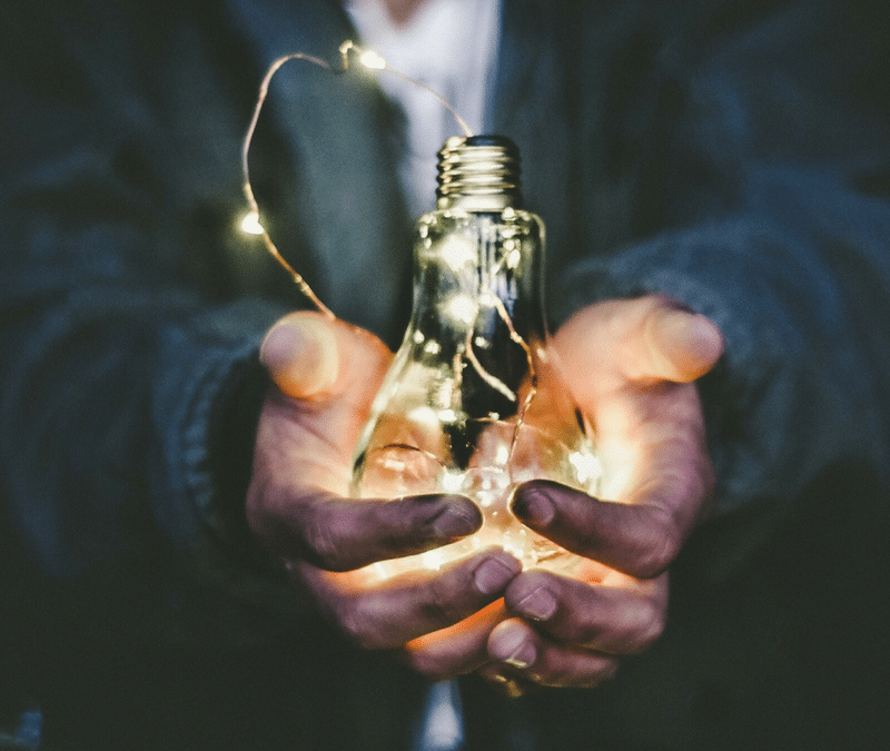 il y a deux mains d'un homme qui tiennent une ampoule illuminée